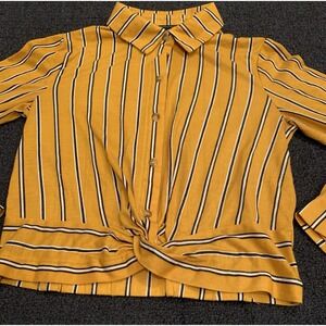 Polly & Esther Shirt Women's M Yellow Stripe Crop Top Long Sleeve